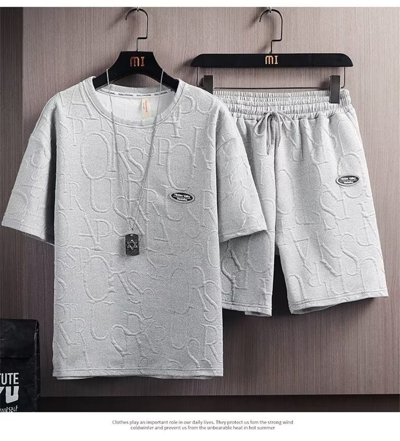 Summer Men's Casual Waffle Knit T-shirt And Five Point Shorts Set_voghion.com