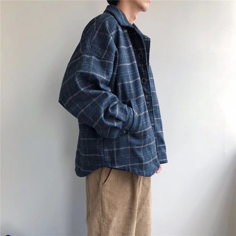 Woolen Plaid Jacket For Men, Loose, Trendy, Retro, Casual, Versatile, Student Top, Workwear Jacket_voghion.com