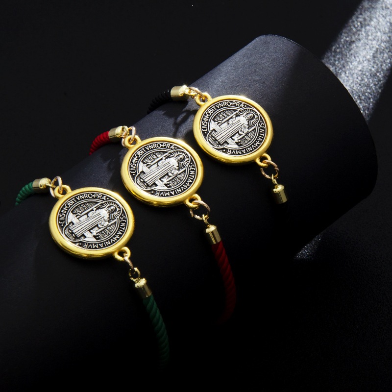 2026 New Cross-Border Alloy Cross Bracelet with Red String and Antique Silver Double-Hole Pendant, Adjustable Bracelet for Men and Women