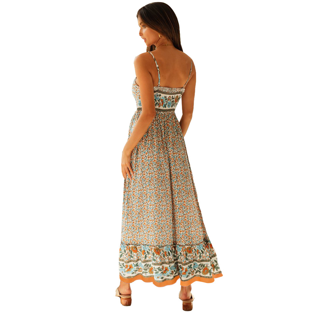 bohemian v-neck low-cut rayon sling floral long dress NSMAN53326