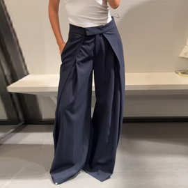 阔腿条纹高腰长裤 欧美跨境2026春秋季新款休闲风设计感长裤