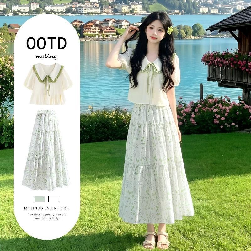 Yunnan Travel Outfit: Forest-Style Green Floral Dress for Women, Summer Dopamine-Inspired, Particularly Beautiful, Waist-Cinching Mini Dress