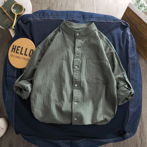 Summer New Men's Short Sleeve Shirt Jacket Korean Style Fashion Cotton Linen Seven-Sleeve Stand Collar Top Pure White Collared Shirt