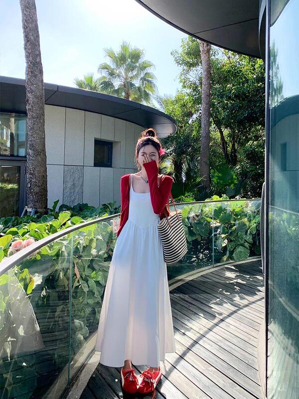 3027 #   Zeng Xiaoxian 優しいフレンチホワイトサスペンダードレス夏の海辺の休暇スカートシフォンサスペンダースカート|undefined