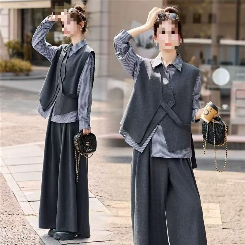 秋季穿搭一整套大码胖条纹衬衫马甲阔腿裤老钱风复古三件