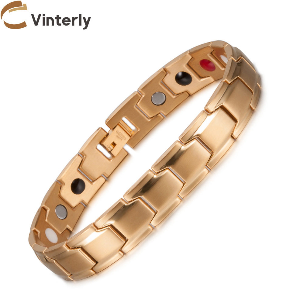 钛钢手链磁性防水不锈钢链12mm手表带黑金色锗磁石负离子跨境代发