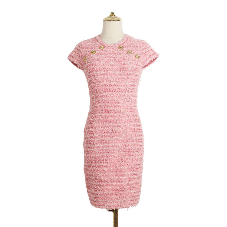 French-Style Chanel-Inspired Women's Dress Wholesale, Elegant Socialite Style, Metal Buckle, Tweed, Round Neck, Mid-Length Knit Dress