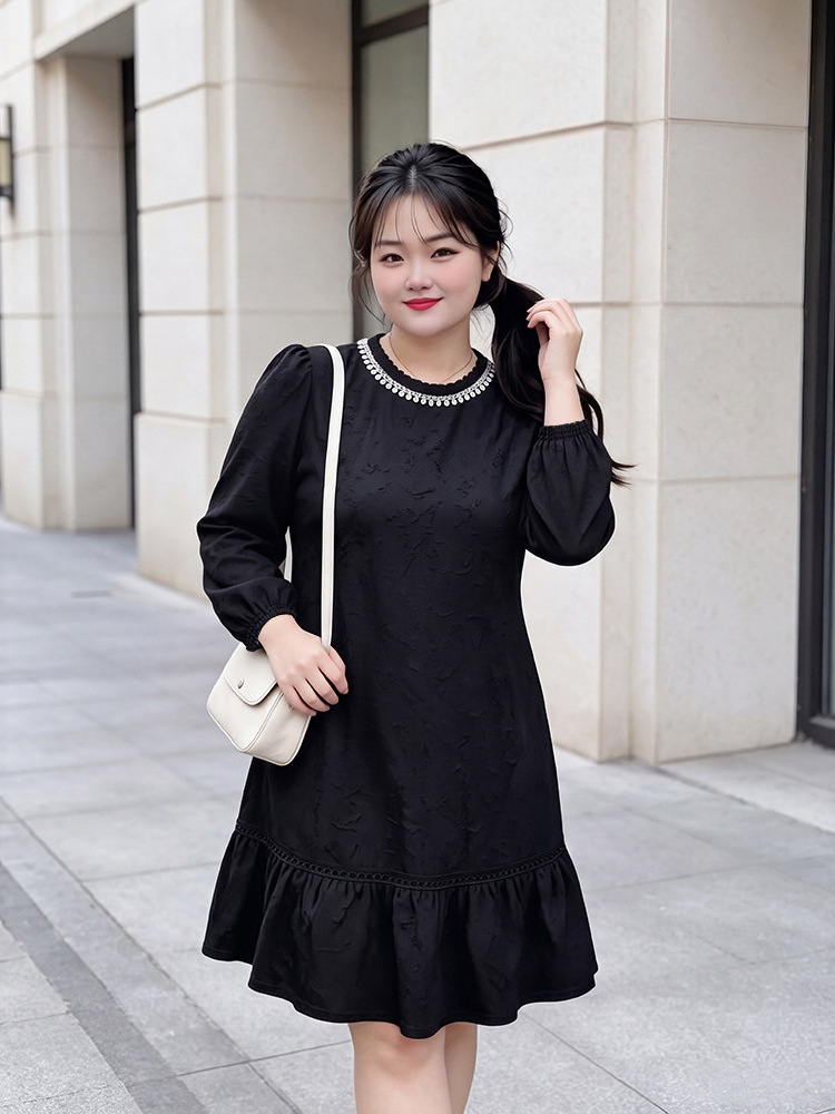 65-160kg Plus Size Women's French-Style Elegant Little Black Dress for Spring and Autumn, Beaded Knit Dress for Slightly Plump Women 65-160kg Plus Size Women's French-Style Elegant Little Black Dress for Spring and Autumn, Beaded Knit Dress for Slightly Plump Women
