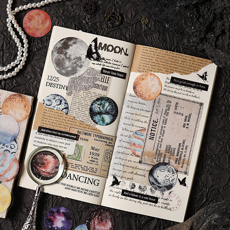 Estrellas palabras clave transparentes pegatinas impermeables para mascotas bolsas diy diario pegatinas galácticas transfronterizas pegatinas de fase lunar planetas