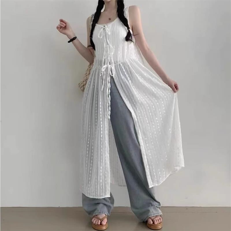 South Korea Summer Bow Strap Crewneck Lace Vedel Dress Women's Loose Embroidered Split Long dress