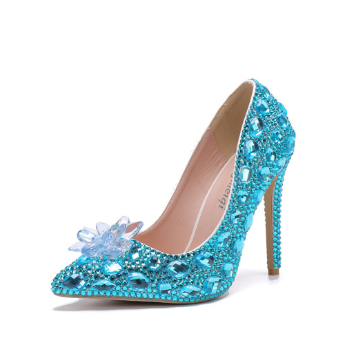 women girls gemstones bling solo singers  masquerade stage performance shoes 11 cm high with fine crystal with low help pointed blue wedding banquet high heels