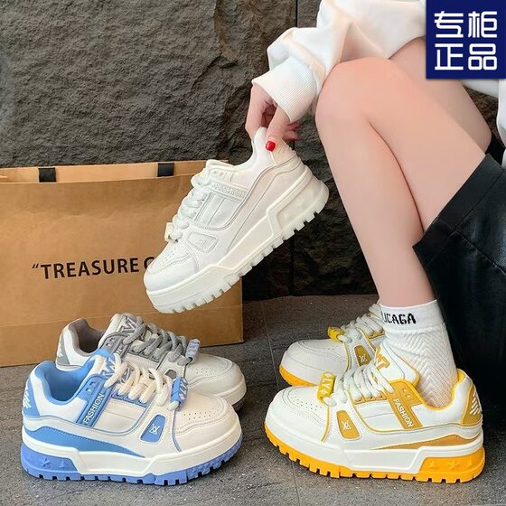 Student Color-Blocked White Shoes for Women 2025 Spring New Lace-Up Lightweight Sports Casual Shoes for Small People to Increase Height Sneakers