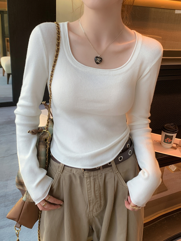 秋季灰色内搭打底衫女生设计感小众修身显瘦辣妹方领针织衫上衣|undefined