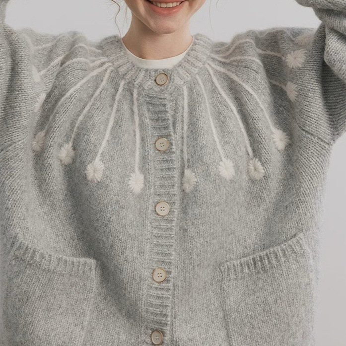 Premium Japanese Alpaca Wool + Cotton Handmade Embroidered Sweater Jacket Pw0081 Gray White Other Brands Round Neck Premium Japanese Alpaca Wool + Cotton Handmade Embroidered Sweater Jacket Pw0081 Gray White Other Brands Round Neck