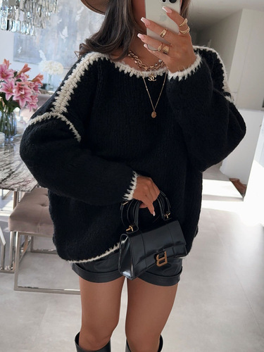 Autumn and winter new patchwork women's sweater, European and American style, round neck, casual, loose-fitting, knitted, warm pullover.