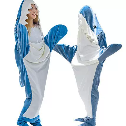 跨境鲨鱼睡袋连帽衫卡通可爱法兰绒家居服宽松连体睡衣鲨鱼毛毯