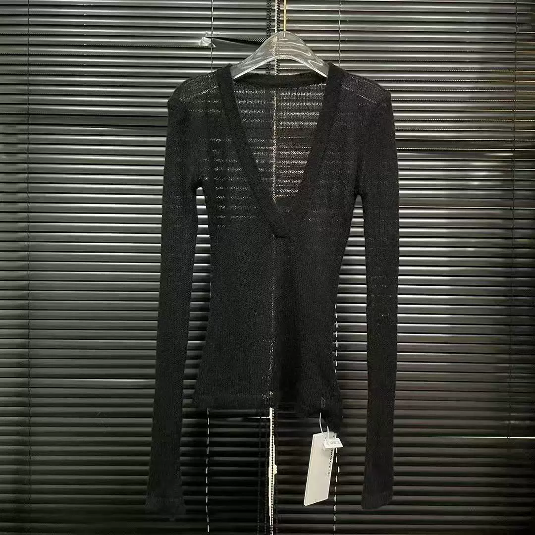 Повседневный V-образный тонкий, слегка прозрачный вязаный свитер с длинными рукавами