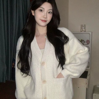 白色毛茸茸针织毛衣开衫外套女小个子秋冬新款加厚保暖长袖上衣春