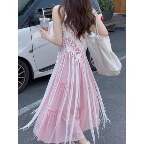 Set of Two Women's Design Pink Gentle Strappy Dresses Women's Summer Vacation Wind Beach Fringe Blouse