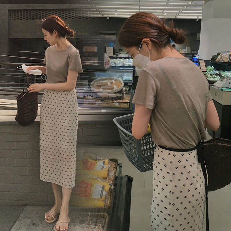 2023【现货】韩东大门夏季新款波点休闲裙系带显瘦半身裙女+T恤
