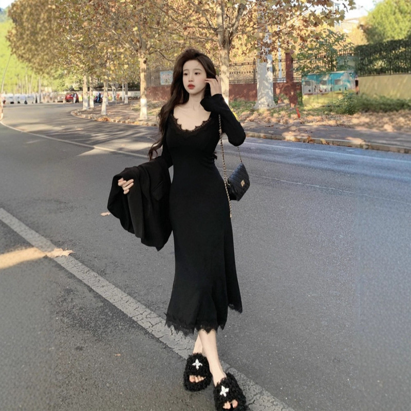 韩系黑色V领蕾丝拼接长袖鱼尾连衣裙女秋冬收腰修身气质包臀长裙|undefined