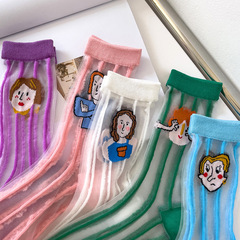 夏季個性插畫頭像玻璃絲中筒襪彩色女襪