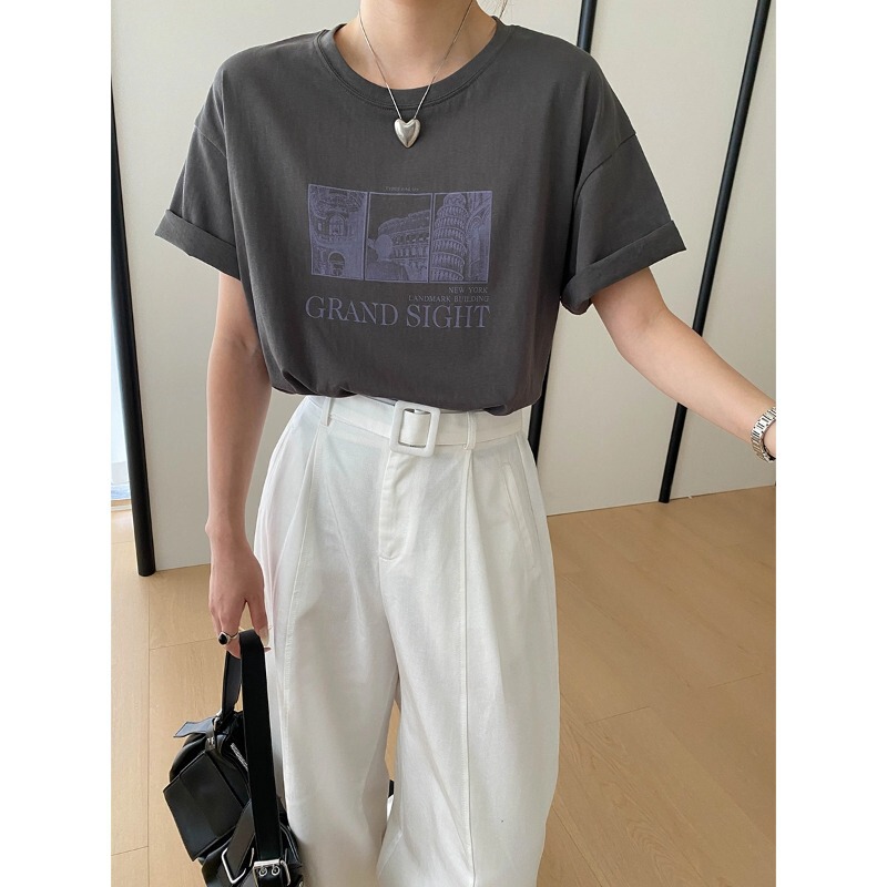 Sinnan Fashionable Blogger Style American Retro Architecture Letter Print Round Neck Loose Short Sleeve T-Shirt Sn8777