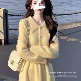 时尚气质优雅领黄色钉珠连衣裙小众超好看裙子收腰显瘦长裙女