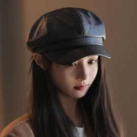 皮质八角帽女秋冬日系复古甜美显脸小鸭舌贝雷帽百搭新款纯色帽子