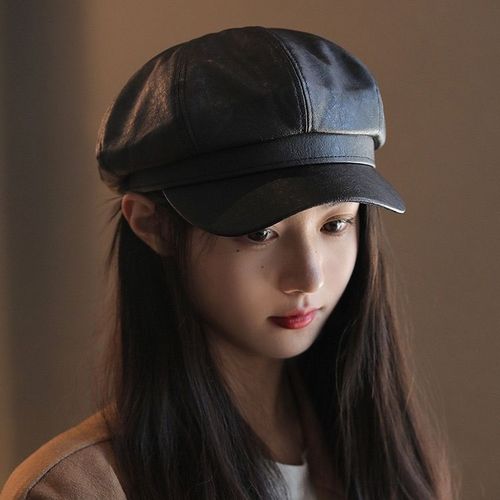 Leather Octagonal Hat for Women - Autumn/Winter Retro Sweet Style, Face-Smoothing Duckbill Beret Hat, Versatile Solid Color Hat