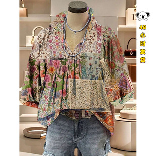 W 83110 Floral print V-neck ruffle tee ����ӡ�� V�I��߅T��