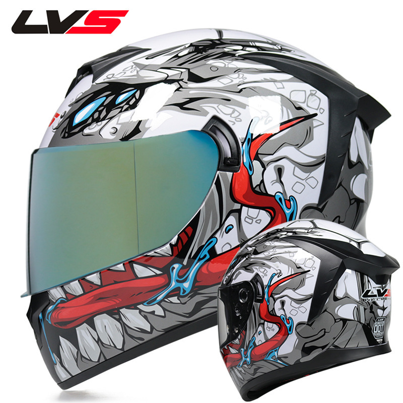 LVS casco de la motocicleta estándar nacional de los hombres y las mujeres del casco completo de doble lente de invierno motocicleta eléctrica Bluetooth cabeza Gris Cuatro Estaciones