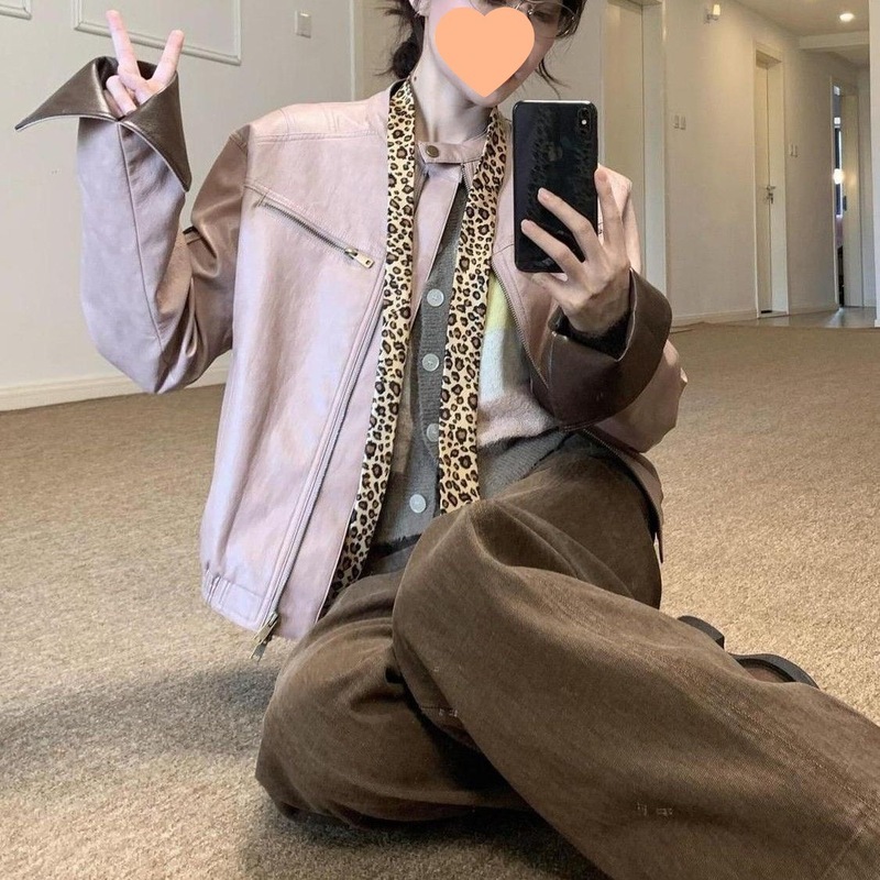 美式复古酷飒风撞色pu皮衣外套女秋季超好看廓形休闲夹克上衣|undefined