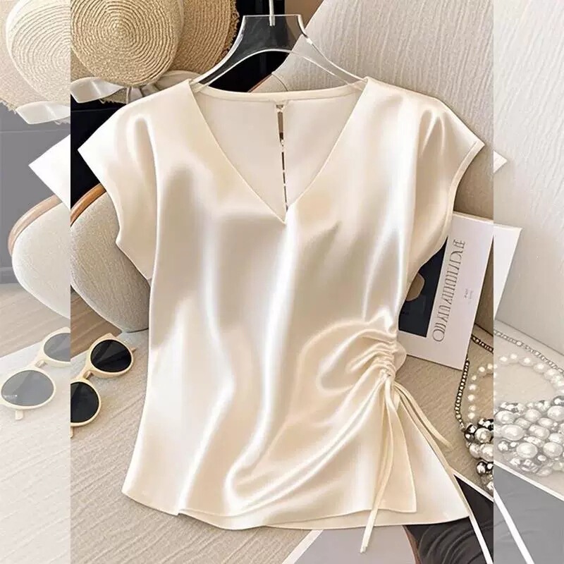 Silk Women's V-Neck Short-Sleeved Shirt, New Summer Style, French-Style Apricot-Colored Pleated Blouse, Versatile and Elegant Top for Women
