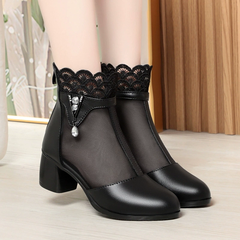 Удобные женские летние босоножки на низком каблуке с клиновидным каблуком, сетчатые, нескользящие, для женщин среднего возраста, кожаные.