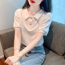 实拍 2023夏季新款简约韩版宽松型POLO领泡泡袖短袖纯色