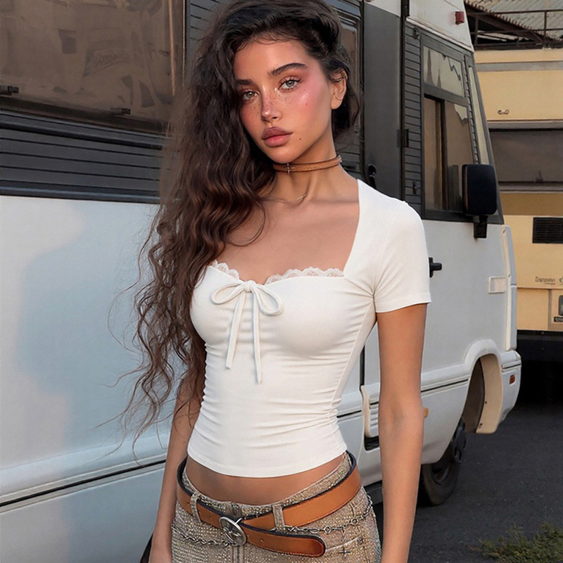 Low Price Clearance Sale # Simple Lace Patchwork Tie-Bow Square-Neck Short-Sleeve T-Shirt with a Pure and Sexy Design.
