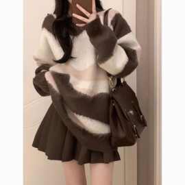 秋冬新款古着vintage毛衣女宽松慵懒风撞色针织衫+百褶裙两件套装