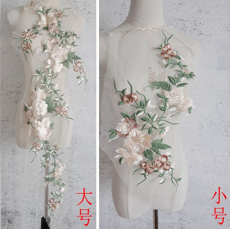 Hecho a mano pegatinas de encaje DIY color cheongsam vestido de noche accesorios flores rosa flores verdes bordadas parches de rosa image 6