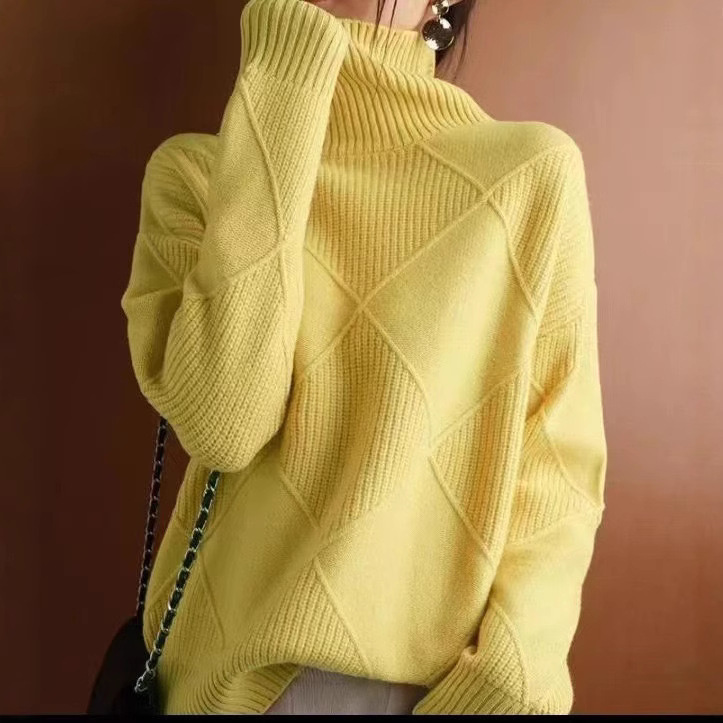 Autumn and Winter Women's Turtleneck Pullover Sweater with Diamond Pattern, Versatile Color, Loose and Lazy Base Shirt, Pullover, Lazy Style