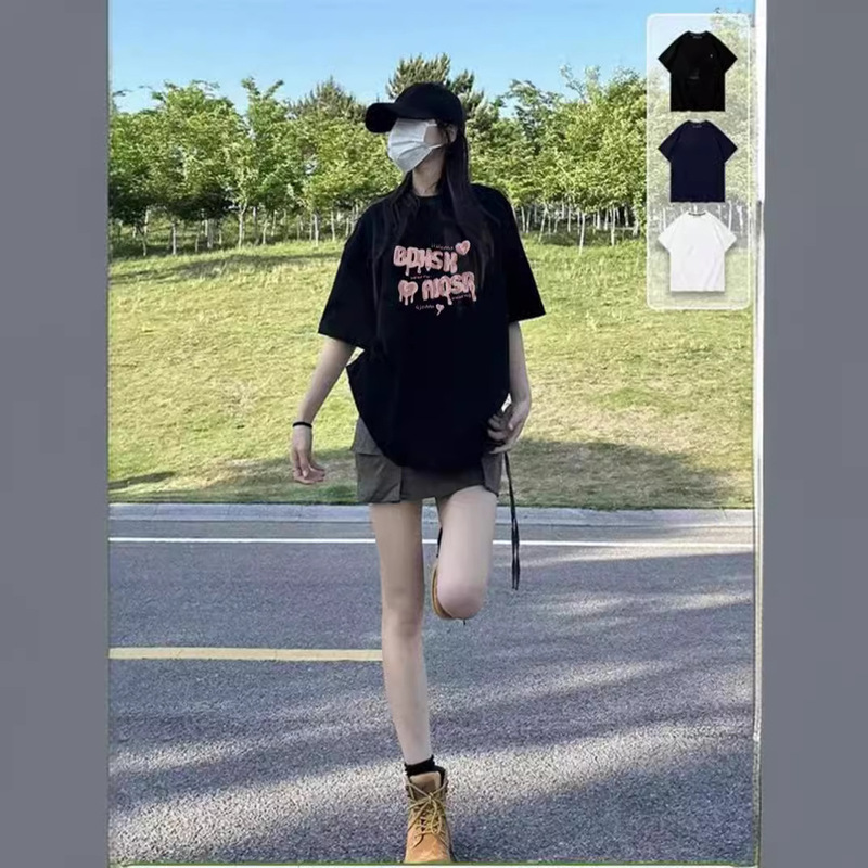 Women's Combed Cotton Short-sleeved T-shirt Women's American Short-sleeved Women's T-shirt Fashion Brand Shoulder Top Short-sleeved Women's 220g Cotton