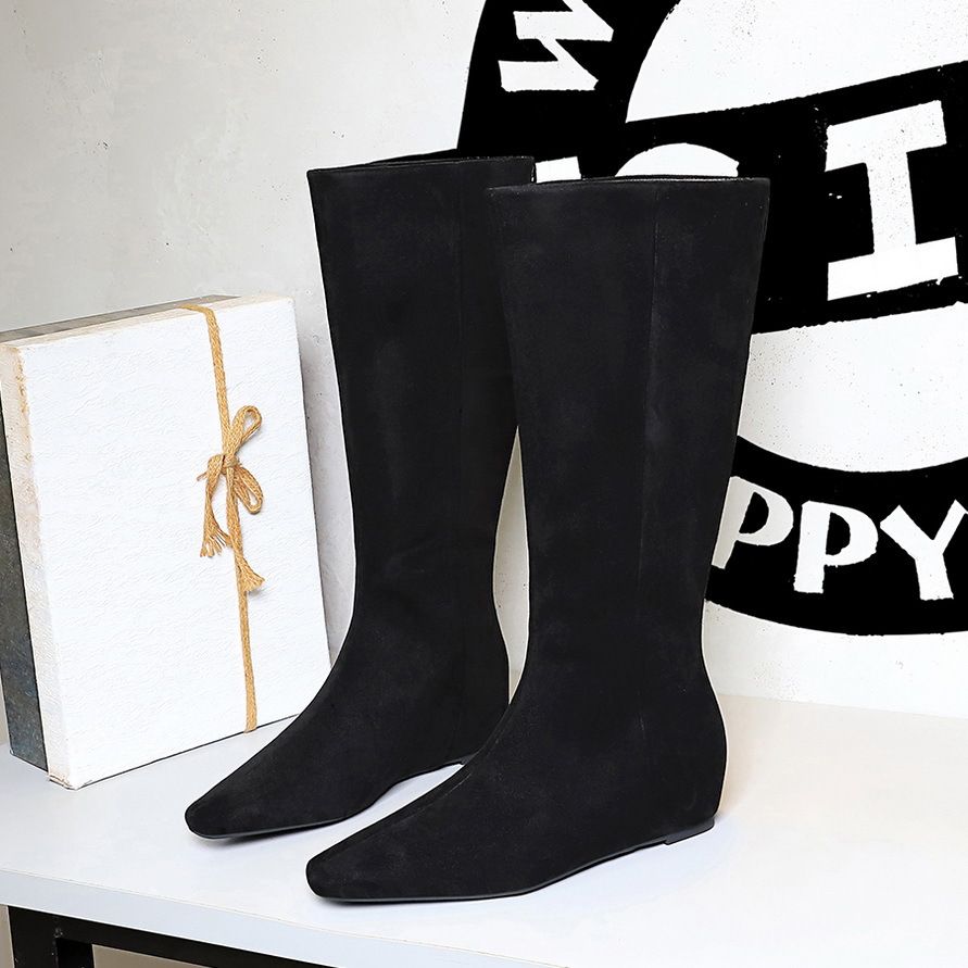 6632-35 Korean Style Women's Simple Fashion Versatile Mid Heel Wedge Hidden Height Increase Suede High Tube Boots_vogvips.com
