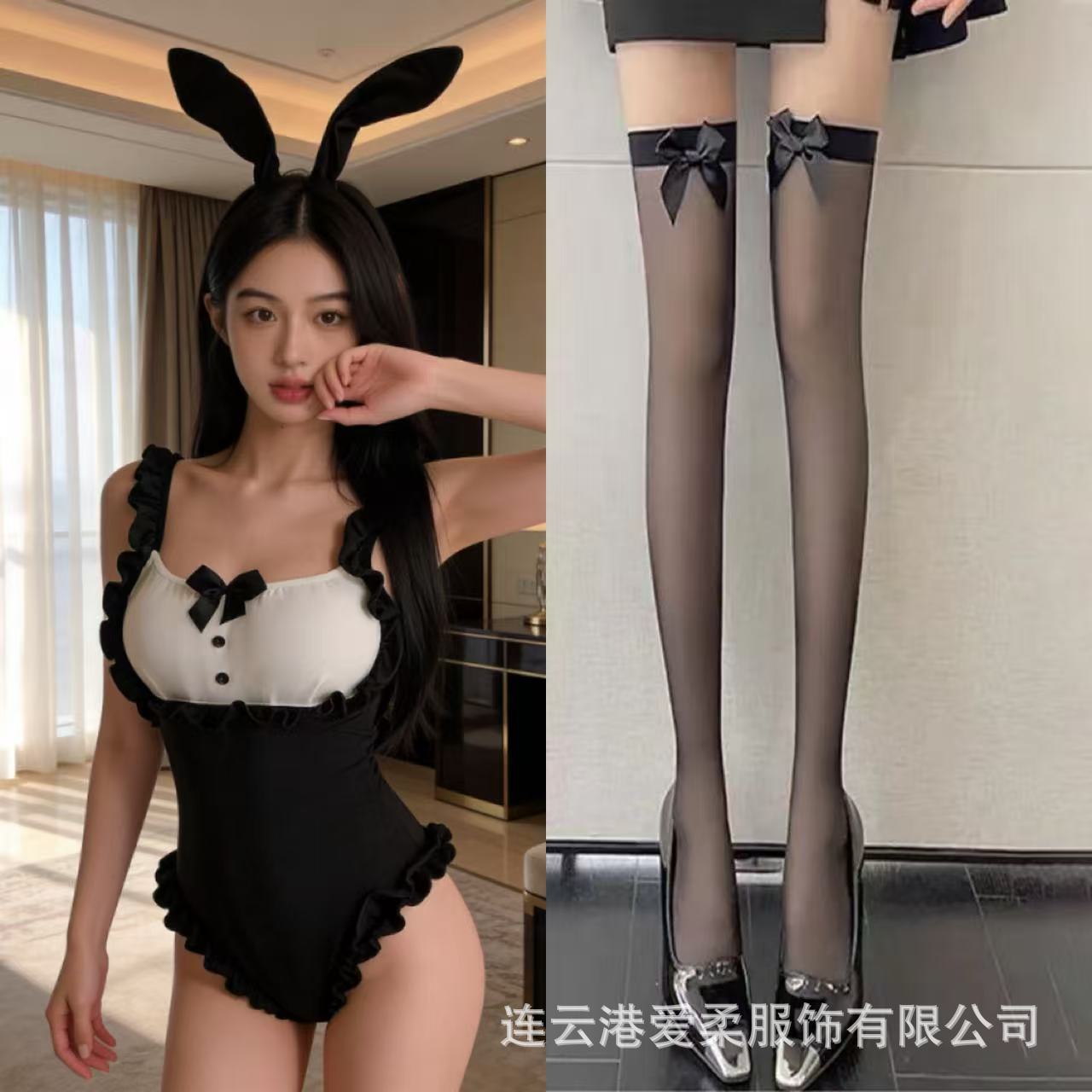 Black bunny girl + black bow socks