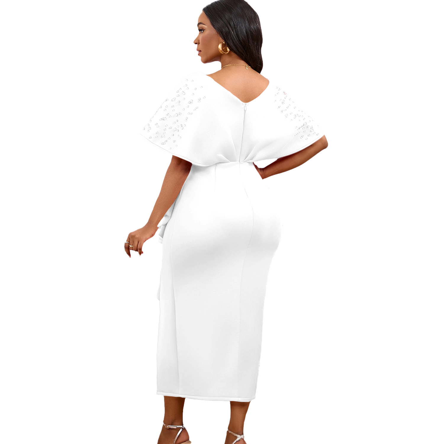 Robe de soirée sexy à col en V et à volants avec fente perlée, robe de banquet de tempérament de célébrité_voghion.com