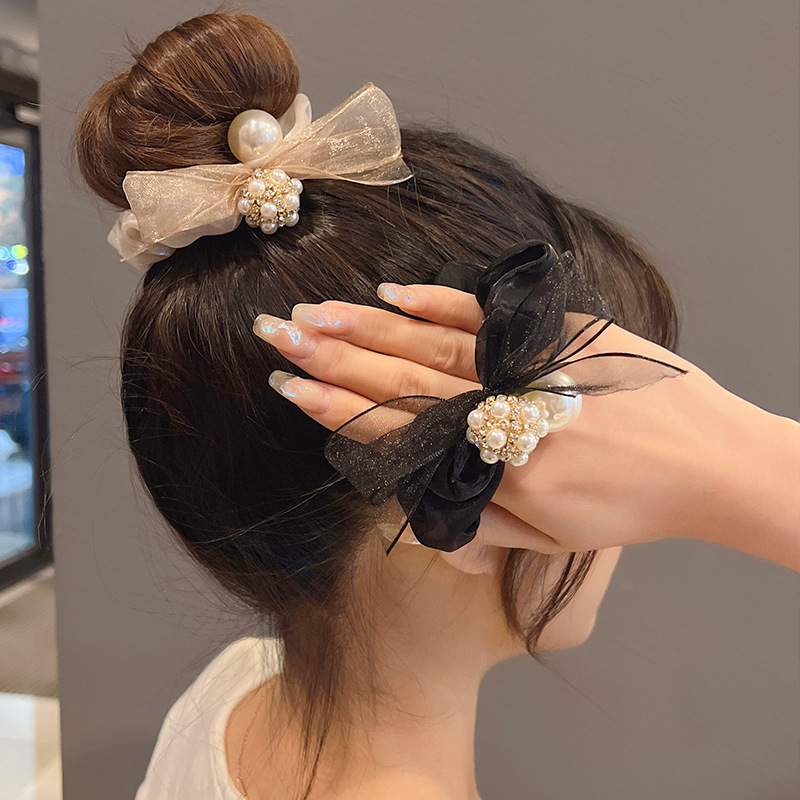 Nœud papillon en maille perlée pour femme, accessoire de chignon élégant et stylé, élastique, accessoire de coiffure tendance et haut de gamme_voghion.com