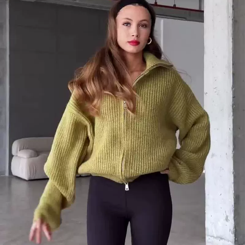 2025年秋季新款亚马逊欧美跨境外贸针织翻领拉链长袖宽松针织毛衣