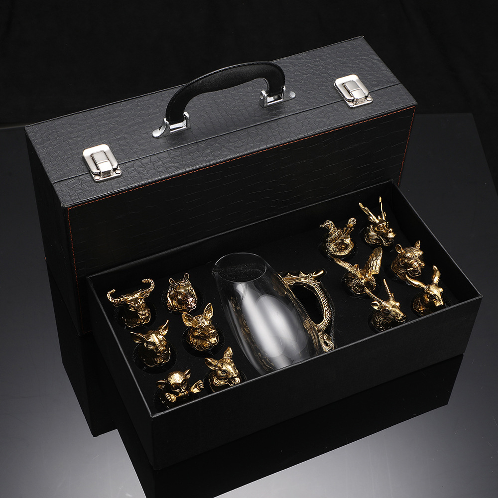 Golden pocket flask, gift box, 25 ml, Chinese horoscope