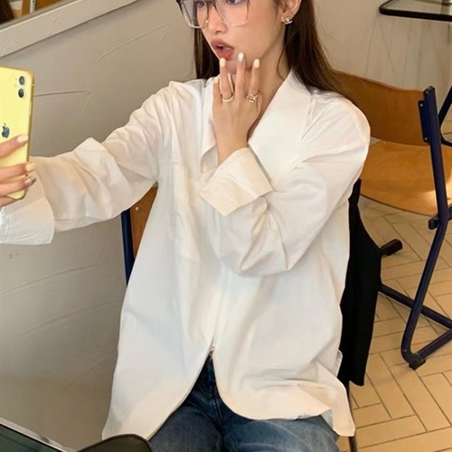 White Shirt Women Spring Long Sleeve French Loose Matchable Elegant Medium Length Zipper Design Sun Protection Top