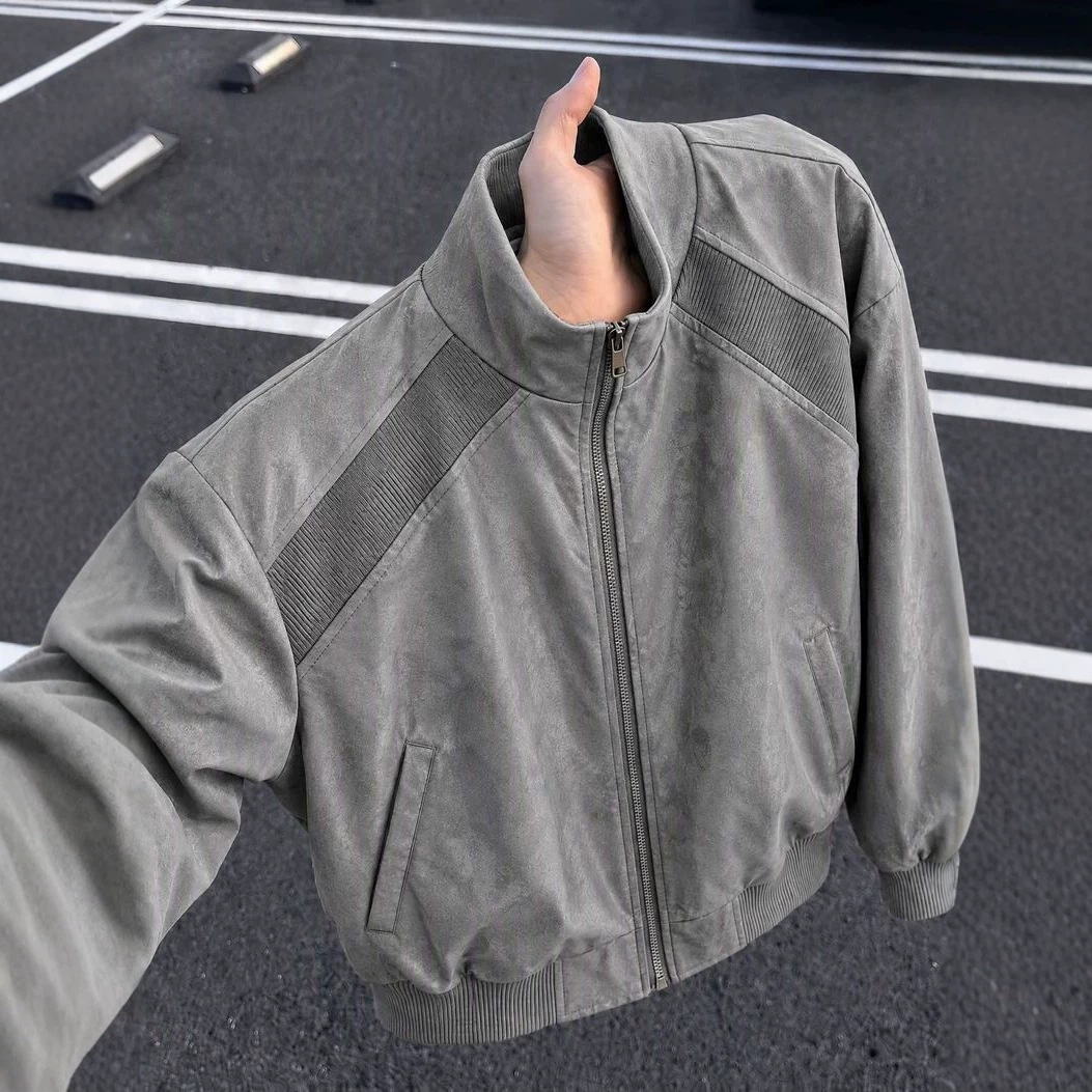 美式扎染PU皮衣外套男款秋季时尚罗纹拼接机车服高级感皮衣棒球服