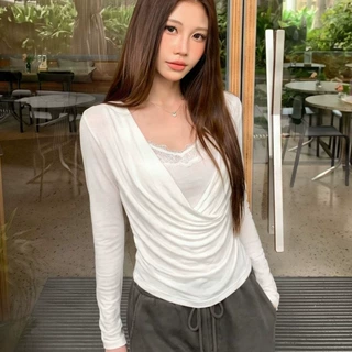 2026年早秋季甜美风蕾丝短袖T恤女假两件设计感修身显瘦气质上衣